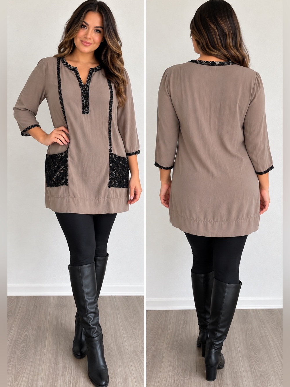 BCBGMAXAZRIA Taupe Black Lace Tunic Top Size S Boho 3/4 Sleeve